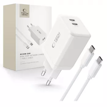 TECH-PROTECT NC45W-GAN 2-Port Netzwerk-Ladegerät PD 45W + USB-C Kabel Weiß