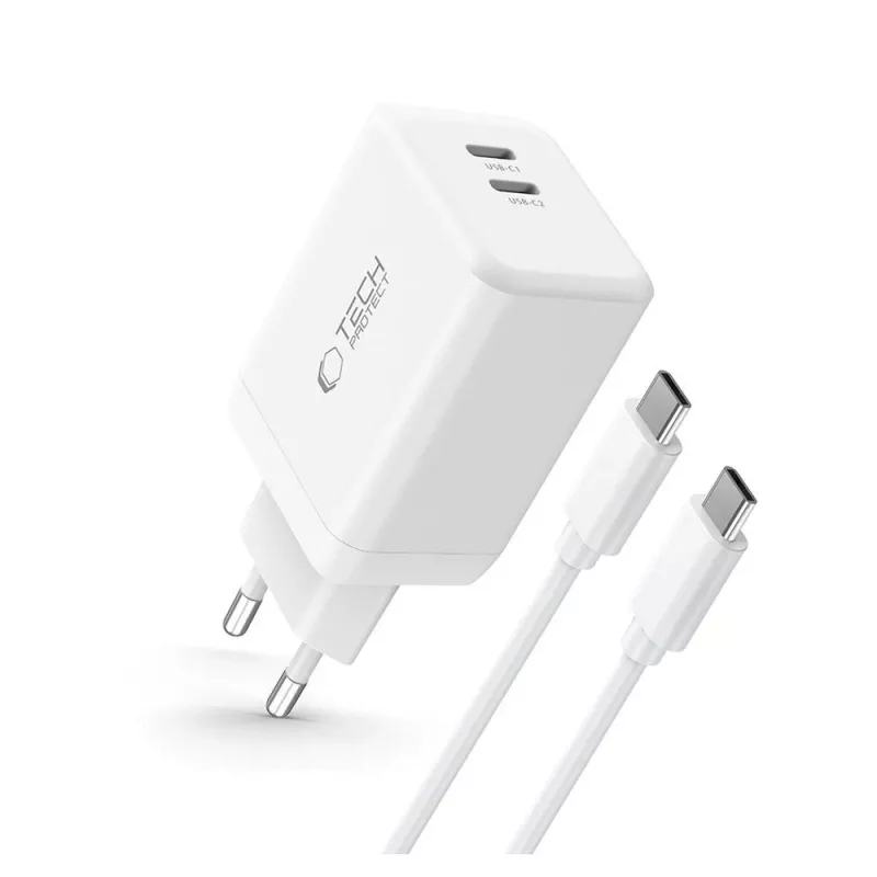 TECH-PROTECT NC45W-GAN 2-Port Netzwerk-Ladegerät PD 45W + USB-C Kabel Weiß