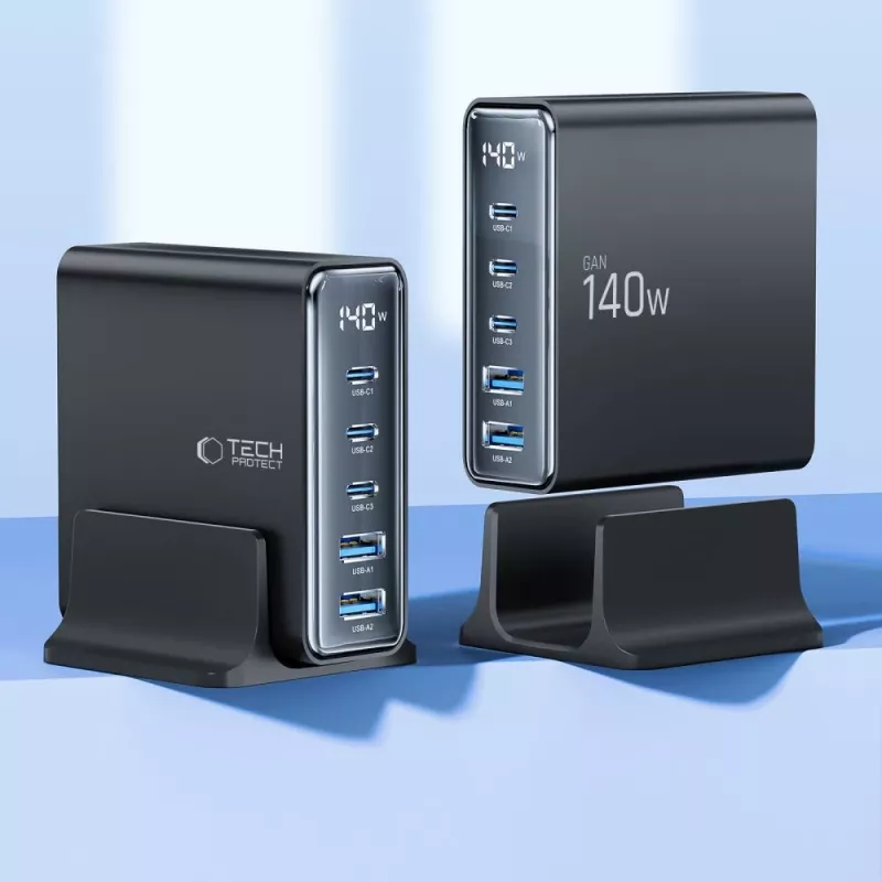TECH-PROTECT DC140W-GAN 5-Port Desktop Charger PD 140W / QC3.0 Black