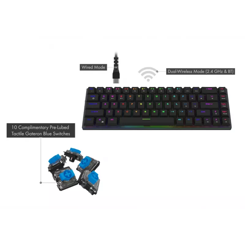 AQIRYS Agena 65% Low-Profile kabellose mechanische Tastatur, Gateron Red Switches, schwarz