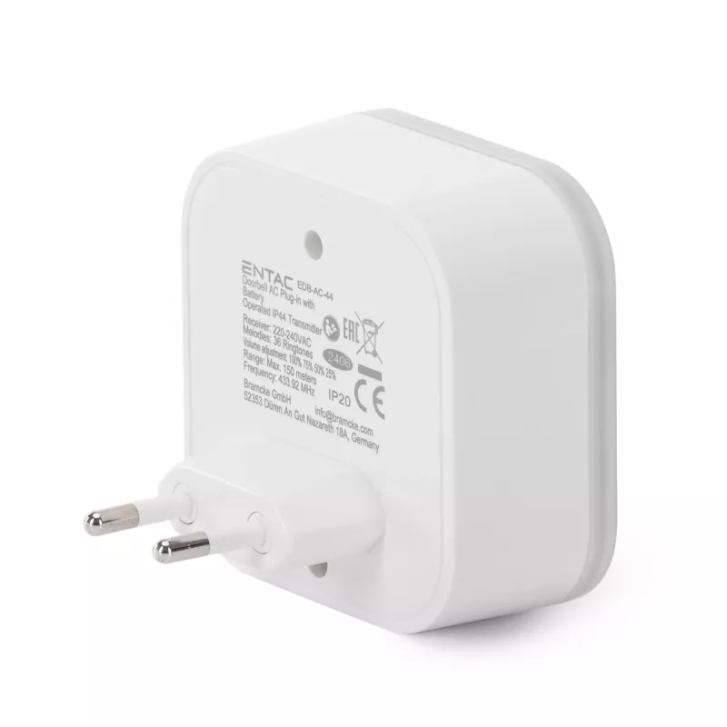 ENTAC Wireless Doorbell AC Plug-in IP44 Transmitter with 1x CR2032 Battery