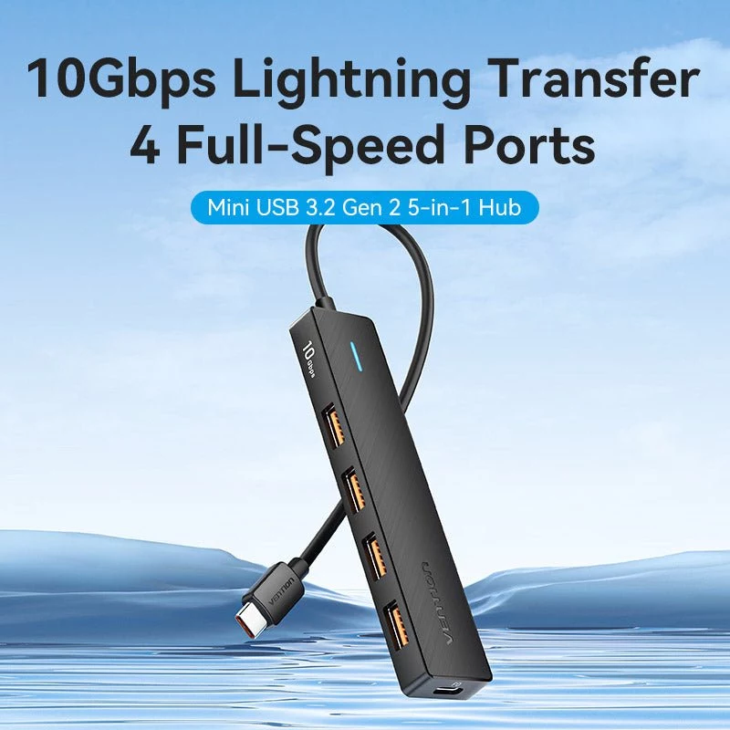 VENTION USB-C auf USB 3.2 Gen 2 Hub mit 100W PD, 0,15m, Schwarz