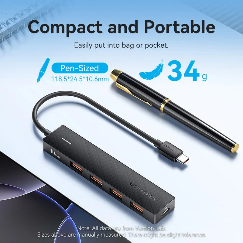VENTION USB-C auf USB 3.2 Gen 2 Hub mit 100W PD, 0,15m, Schwarz