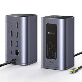 Baseus Air Spacemate 12-in-1 USB-C Hub, 2x HDMI 4K@60Hz, 2x USB-C 10Gbps, 2x USB-A 5Gbps, 2x USB-A 480Mbps, RJ45, SD/microSD, USB-C PD, Grau