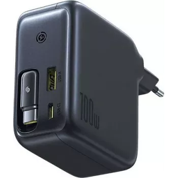 Baseus EnerCore CJ11 100W GaN-Netzteil mit einziehbarem USB-C-Kabel, 2 USB-C- und 1 USB-A-Anschluss, Schwarz
