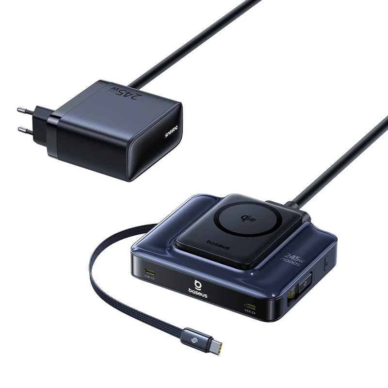 Baseus Nomos NH21 6-in-1 245W Wireless Charging Station mit zwei einziehbaren USB-C-Kabeln - Schwarz
