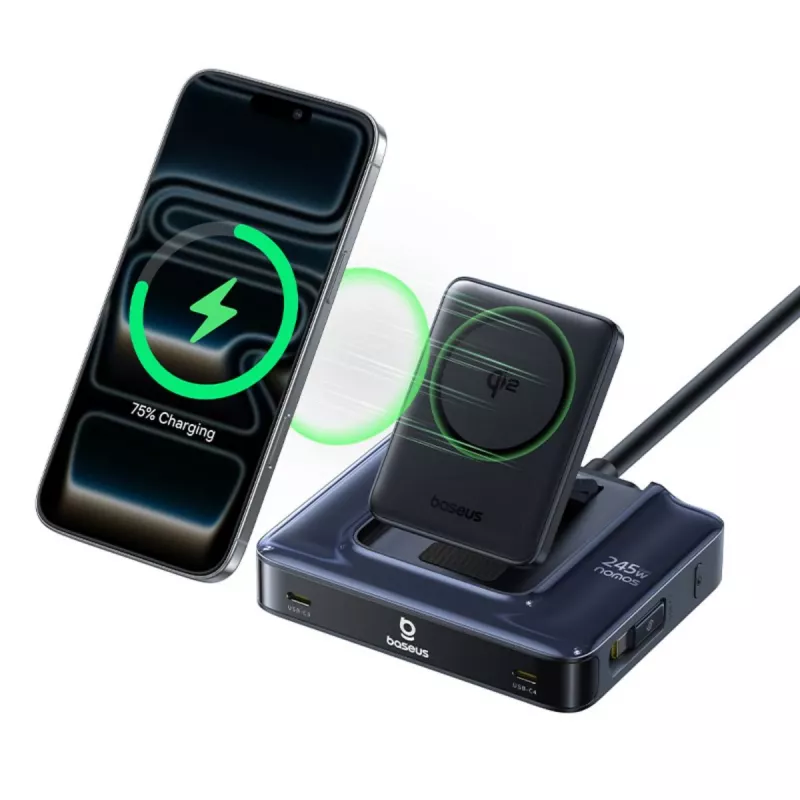 Baseus Nomos NH21 6-in-1 245W Wireless Charging Station mit zwei einziehbaren USB-C-Kabeln - Schwarz