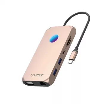ORICO XCR 12-in-1 USB-C Docking Station mit RGB, 2x USB-A 3.1, 1x USB-A 2.0, 1x USB-C PD 100W, 1x USB-C 3.1, 2x HDMI 2.0 4K 60Hz, 1x VGA 1080p, microSD/SD 3.0, RJ45 Gigabit Ethernet, 3.5mm Audio CTIA - Roségold