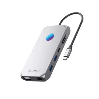 ORICO XCR 12-in-1 USB-C Docking Station mit RGB, 3x USB-A 3.1, 1x USB-A 2.0, 1x USB-C PD 100W, 1x USB-C 3.1, 1x HDMI 1.4 4K 30Hz, 1x VGA 1080p, 1x microSD/SD 3.0, 1x RJ45 Gigabit Ethernet, 1x Audio CTIA 3.5mm - Grau
