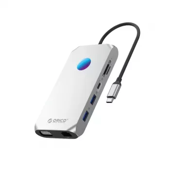 ORICO XCR 12-in-1 USB-C Docking Station mit RGB, 3x USB-A 3.1, 1x USB-A 2.0, 1x USB-C PD 100W, 1x USB-C 3.1, 1x HDMI 1.4 4K 30Hz, 1x VGA 1080p, 1x microSD/SD 3.0, 1x RJ45 Gigabit Ethernet, 1x Audio CTIA 3.5mm - Silber