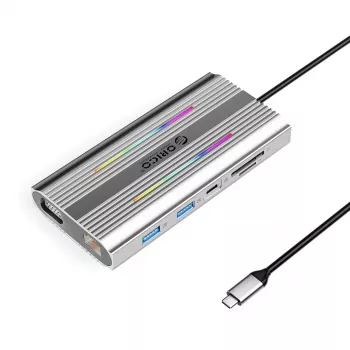 ORICO XCR 12-in-1 USB-C Docking Station mit RGB, 3x USB-A, USB-C PD 100W, HDMI 4K, VGA, RJ45 Gigabit, SD/microSD-Kartenleser - Silber