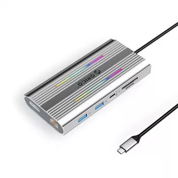 ORICO XDR 12-in-1 USB-C Docking Station mit RGB, 2x HDMI 4K 60Hz, DisplayPort 4K 60Hz, RJ45 Gigabit, PD 100W, SD/microSD Kartenleser - Silber