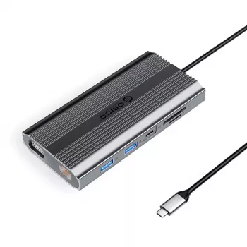 ORICO XDR 12-in-1 USB-C Docking Station mit USB-A, USB-C PD 100W, HDMI 4K, VGA, RJ45 Gigabit, SD- & MicroSD-Kartenleser - Grau