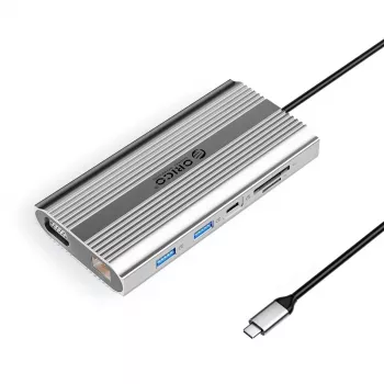 ORICO XDR 12-in-1 USB-C Docking Station mit 4K HDMI, VGA, Gigabit Ethernet, 100W PD, SD/MicroSD-Kartenleser - Silber