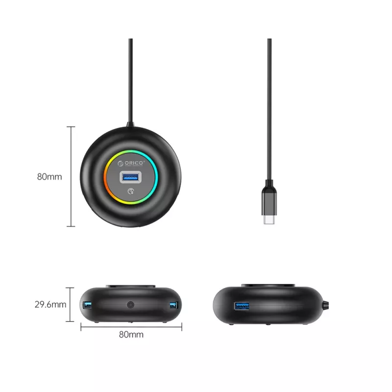 ORICO YXR4-C3 RGB 4-Port USB-A 3.0 Hub mit Audio-/Mikrofonanschluss, 1,8 m Kabel - Schwarz