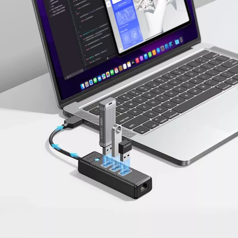 ORICO PW3UR25-U3 4-Port USB Hub mit 3x USB-A 3.0 und 2.5G Ethernet, 1m Kabel, Schwarz
