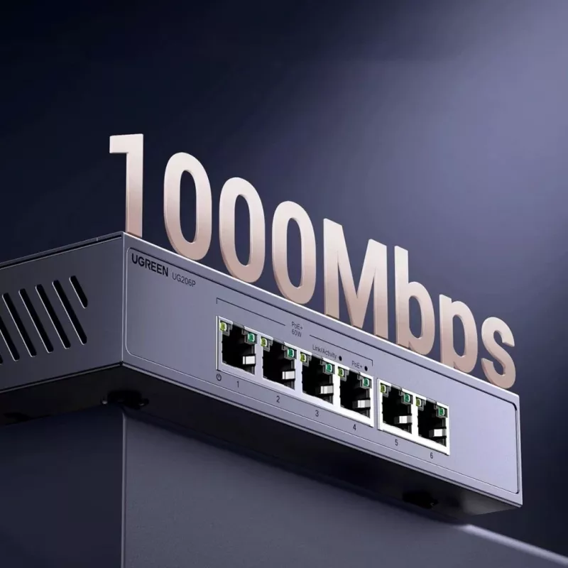 Ugreen 6-Port Gigabit Ethernet Switch mit PoE+ - Grau