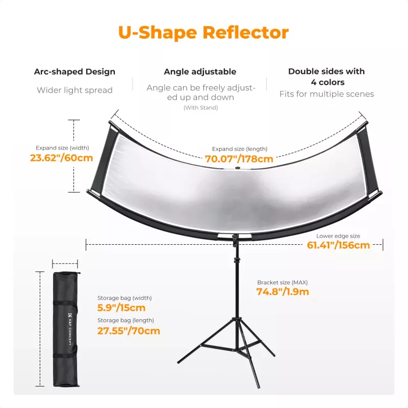 K&F Concept U-Shape 4-in-1 Curved Reflector 180x60cm mit Lichtstativ und Tragetasche
