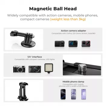 KF 3D-Kugelkopf Magnetstativhalterung für GoPro Smartphone Kamera mit 1/4 Zoll Gewinde KF31.156 Schwarz