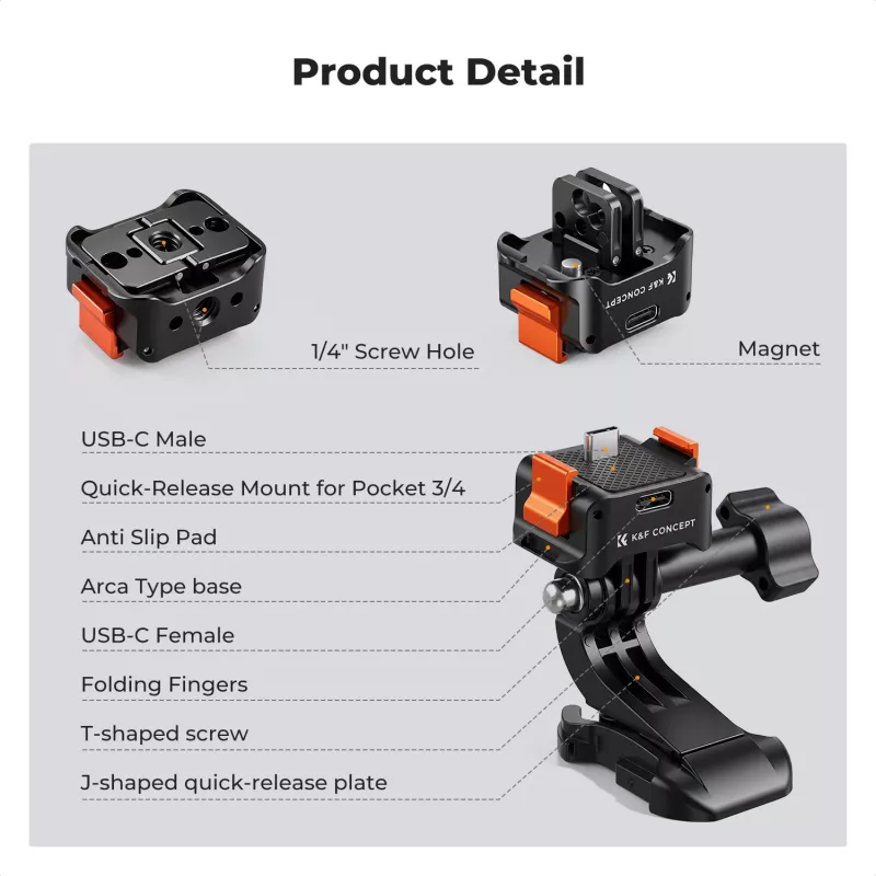 KF Schnellspannadapter mit USB-C-Ladefunktion für DJI Osmo Pocket 3/4, GoPro-Halterung, 1/4 Zoll Gewinde, Schwarz