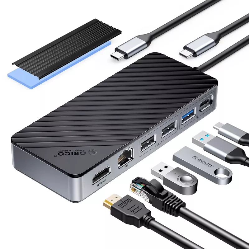 ORICO OM28PR-G2 USB-C Dockingstation mit M.2-SSD-Gehäuse, 1x USB-A 3.2, 1x USB-C 3.2, 2x USB-A 2.0, 1x HDMI, 1x Ethernet - Schwarz