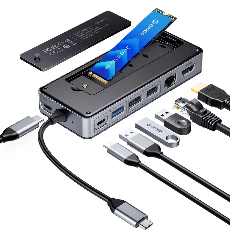 ORICO OM28PR-G2 USB-C Dockingstation mit M.2-SSD-Gehäuse, 1x USB-A 3.2, 1x USB-C 3.2, 2x USB-A 2.0, 1x HDMI, 1x Ethernet - Schwarz