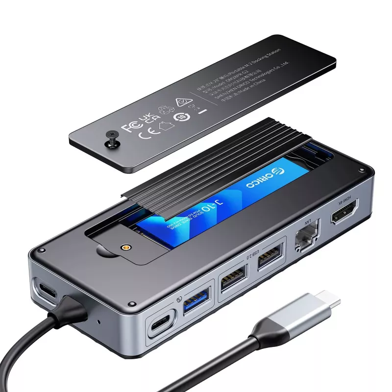 ORICO OM28PR-G2 USB-C Dockingstation mit M.2-SSD-Gehäuse, 1x USB-A 3.2, 1x USB-C 3.2, 2x USB-A 2.0, 1x HDMI, 1x Ethernet - Schwarz