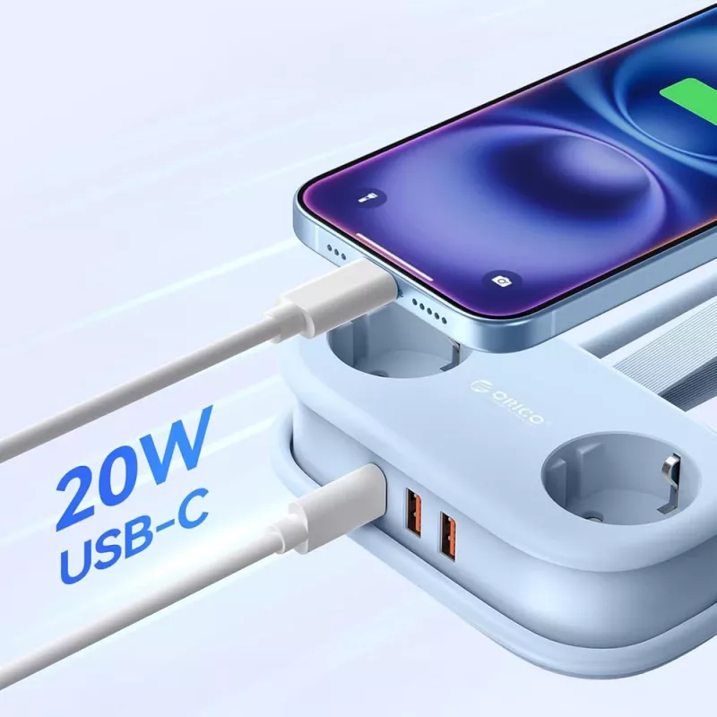 ORICO AP3 20W GaN Power Strip 5-in-1, 2x AC + 2x USB-A + 1x USB-C, Blau