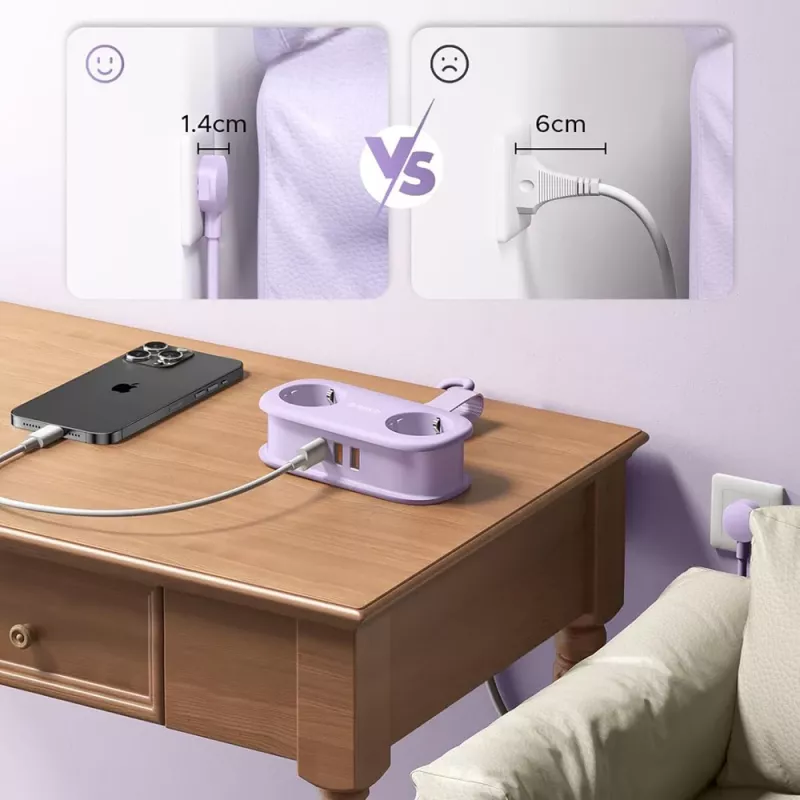 ORICO AP3 20W GaN 5-in-1 Steckdosenleiste, 2x AC + 2x USB-A + 1x USB-C, Lila, 1,5m Kabel