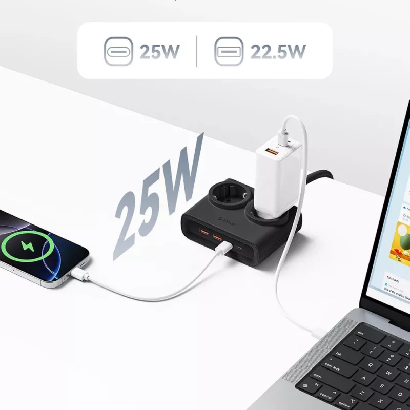ORICO PDC25 25W 6-in-1 Steckdosenleiste mit 2 AC-Steckdosen, 2 USB-A- und 2 USB-C-Anschlüssen - Schwarz