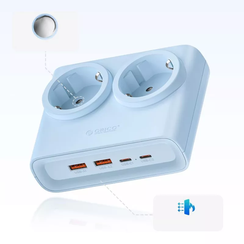 ORICO PDC25 25W 6-in-1 Desktop Power Strip mit 2 AC-Steckdosen, 2 USB-A und 2 USB-C Anschlüssen - Blau