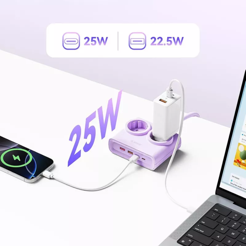 ORICO PDC25 25W 6-in-1 Steckdosenleiste mit 2 AC-Steckdosen, 2 USB-A und 2 USB-C Anschlüssen - Lila