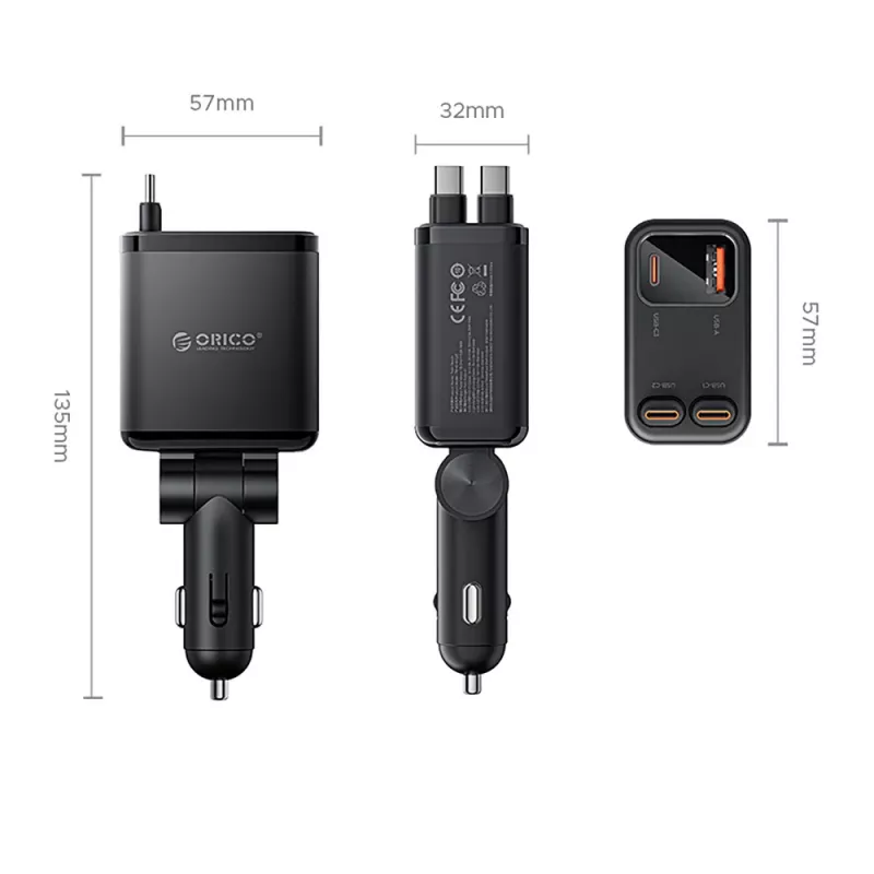 ORICO Twin Reach 45W USB-A + USB-C Auto-Ladegerät mit zwei einziehbaren USB-C-Kabeln - Schwarz