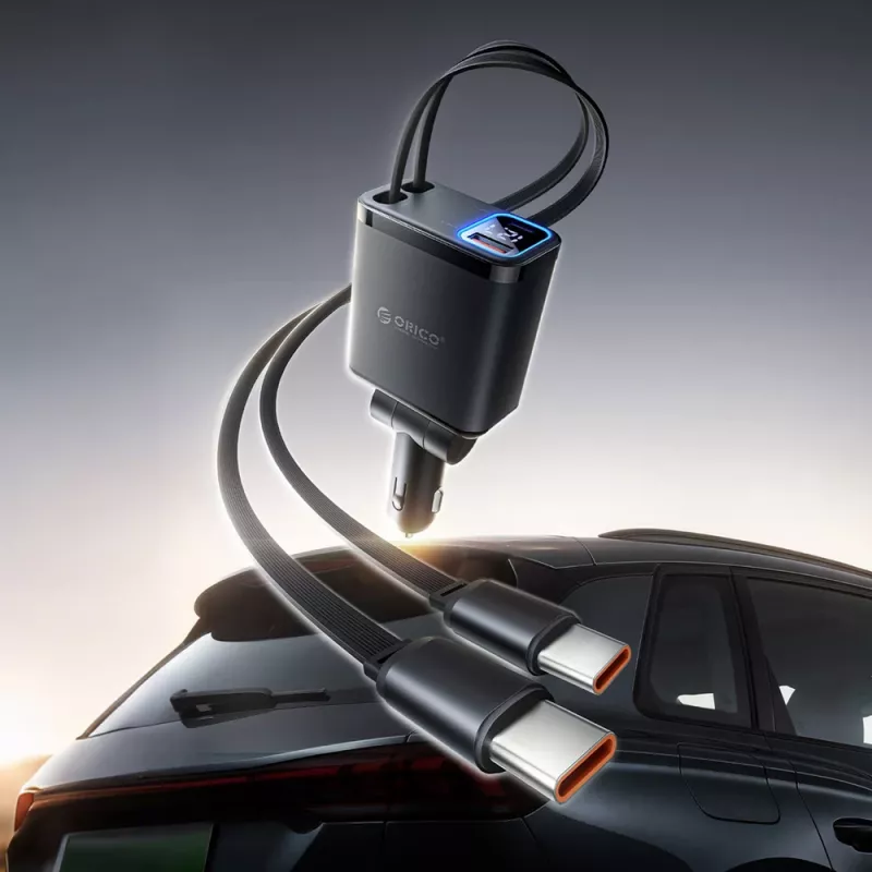 ORICO Twin Reach 45W USB-A + USB-C Auto-Ladegerät mit zwei einziehbaren USB-C-Kabeln - Schwarz