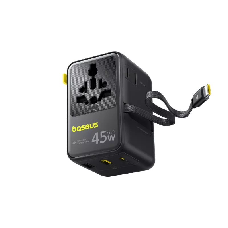 Baseus PicoGo AG11 45W 6-in-1 Universal Travel Adapter with Retractable USB-C Cable - Black