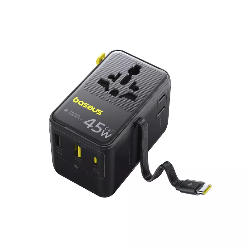 Baseus PicoGo AG11 45W 6-in-1 Universal Travel Adapter with Retractable USB-C Cable - Black