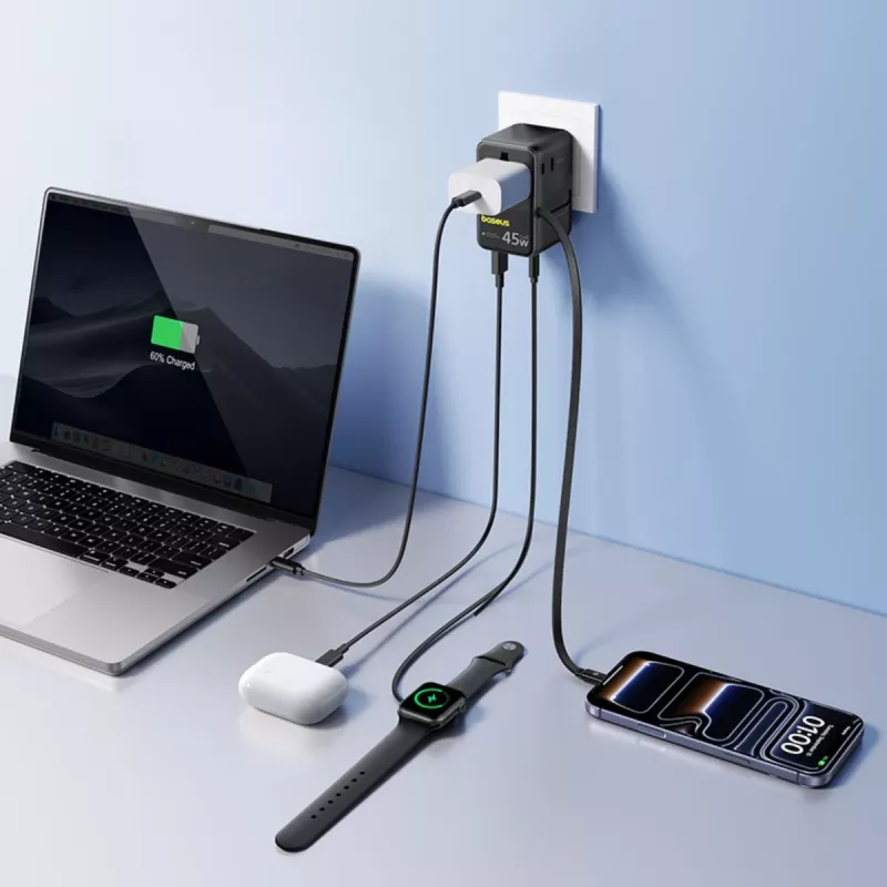 Baseus PicoGo AG11 45W 6-in-1 Universal Travel Adapter with Retractable USB-C Cable - Black