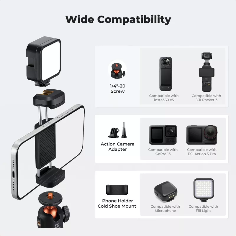 KF Mini-Stativ & Selfie-Stick 65 cm 360°-Kopf Telefonhalter KF09.180S1 Schwarz