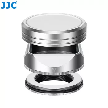 JJC Gegenlichtblenden- und Objektivdeckel-Set für Fujifilm Fujinon XF 23mm F2.8 R WR und XF 27mm F2.8 R WR - Silber (LH-JXF23F28)