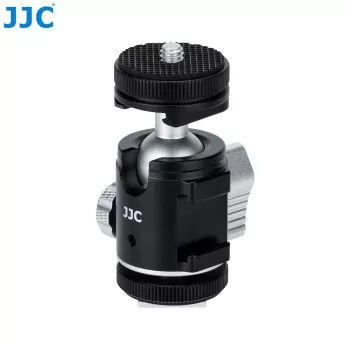 JJC BH-SM1 3D Mini-Kugelkopf aus Aluminiumlegierung mit 3 Kaltgeräteschuhen, 1/4 inch-Schraube, Schwarz