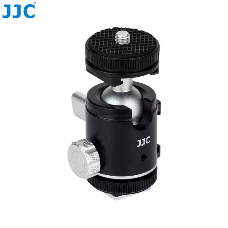 JJC BH-SM1 3D Mini-Kugelkopf aus Aluminiumlegierung mit 3 Kaltgeräteschuhen, 1/4 inch-Schraube, Schwarz