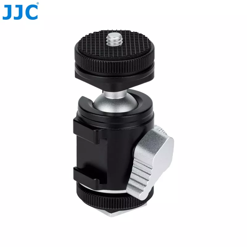 JJC BH-SM1 3D Mini-Kugelkopf aus Aluminiumlegierung mit 3 Kaltgeräteschuhen, 1/4 inch-Schraube, Schwarz