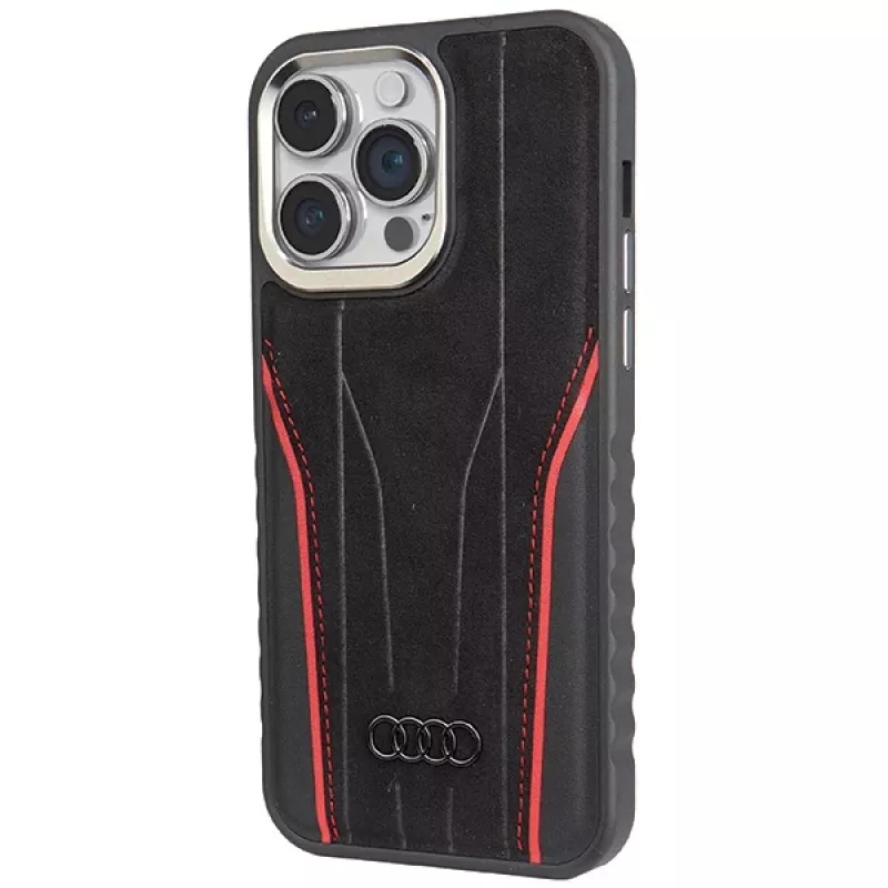 Audi Genuine Leather MagSafe iPhone 15 Pro 6.1 Black-Red Hardcase AU-TPUPCMIP15P-R8/D3-RD