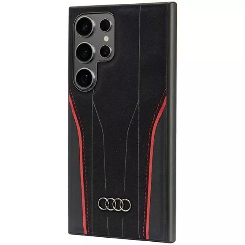 Audi Genuine Leather MagSafe Case für Samsung Galaxy S24 Ultra, Schwarz-Rot, R8-inspirierte Hartschale