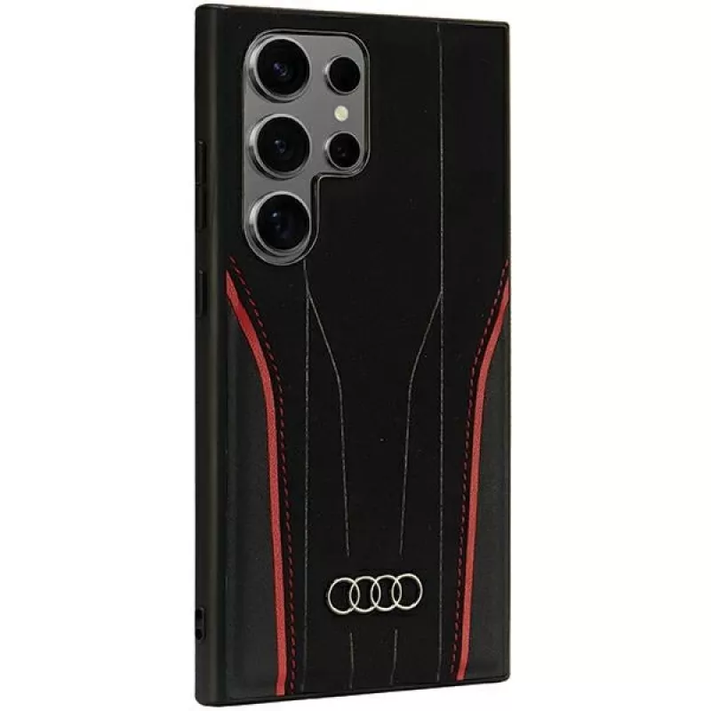 Audi Genuine Leather MagSafe Case für Samsung Galaxy S24 Ultra, Schwarz-Rot, R8-inspirierte Hartschale