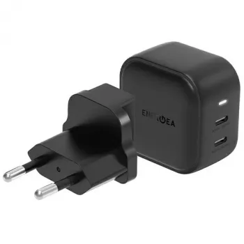 ENERGEA Travelite GAN45 45W GaN USB-C Dual Port Travel Charger mit US+EU Adaptern, Schwarz