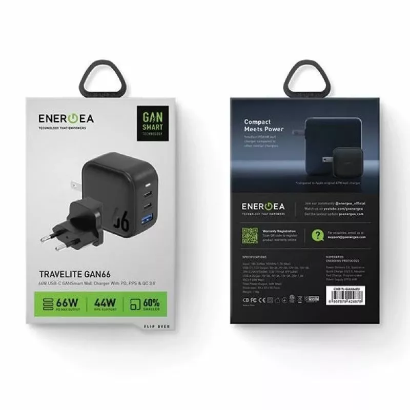 ENERGEA Travelite GAN66 66W GaN USB-C Charger 2C1A Black US+EU