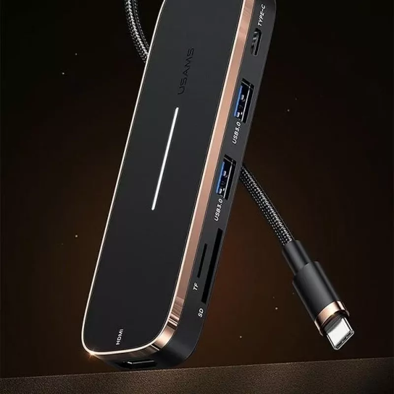 USAMS SJ575HUB01 USB-C Hub 2x USB-A USB-C PD HDMI SD Micro SD Kartenleser Schwarz