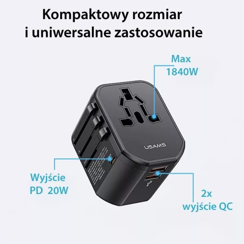 USAMS T59 20W Universal-Reiseladegerät mit 2 USB-A- und 1 USB-C-Anschluss, Schwarz, austauschbare Stecker US/AU/EU/UK