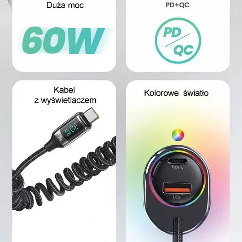 USAMS C37 Auto-Ladegerät 1xUSB-A + 1xUSB-C 60W mit USB-C auf USB-C Kabel 30W PD+QC Schnellladung Schwarz CC192CC01 (US-CC192)
